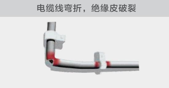在安裝過(guò)程中，由于電線的彎曲半徑過(guò)小，或是線夾過(guò)緊，導(dǎo)致線纜絕緣皮破裂，產(chǎn)生電弧隱患